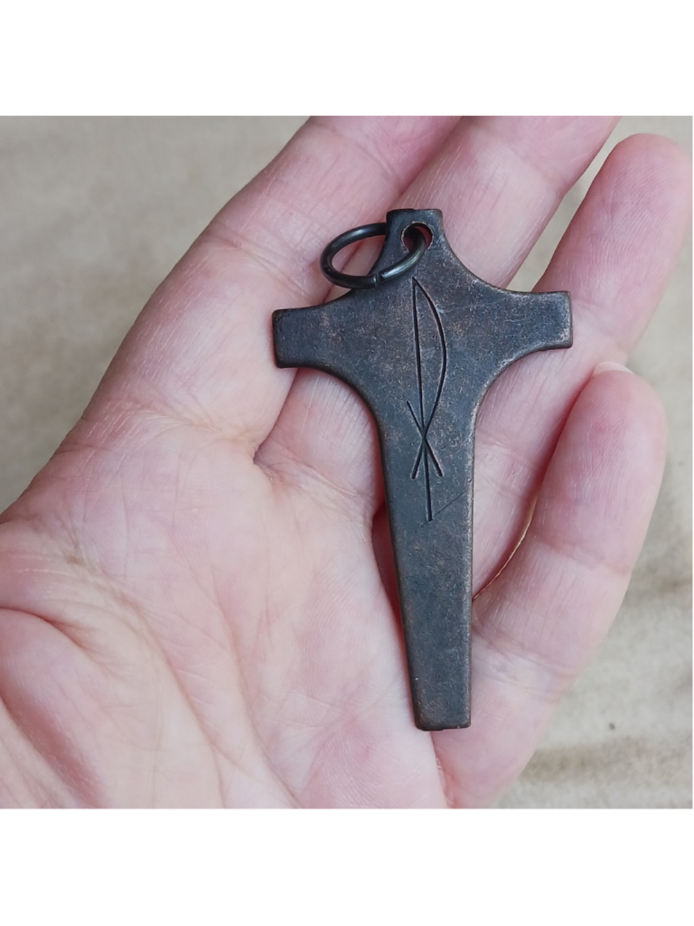 Christian Metal bronze Cross Pendant Charm w/ Ring, Engraved Fish Symbol CHI-RO